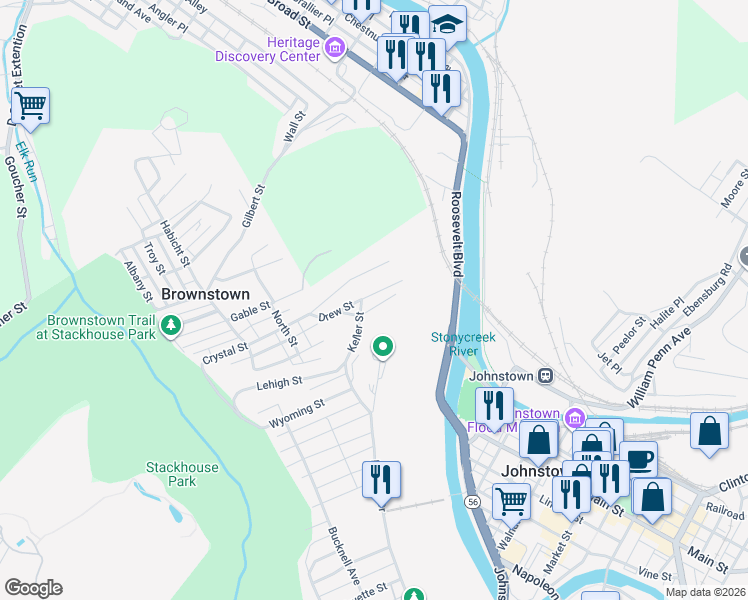 map of restaurants, bars, coffee shops, grocery stores, and more near 1-49 Mc Keever Street in Johnstown