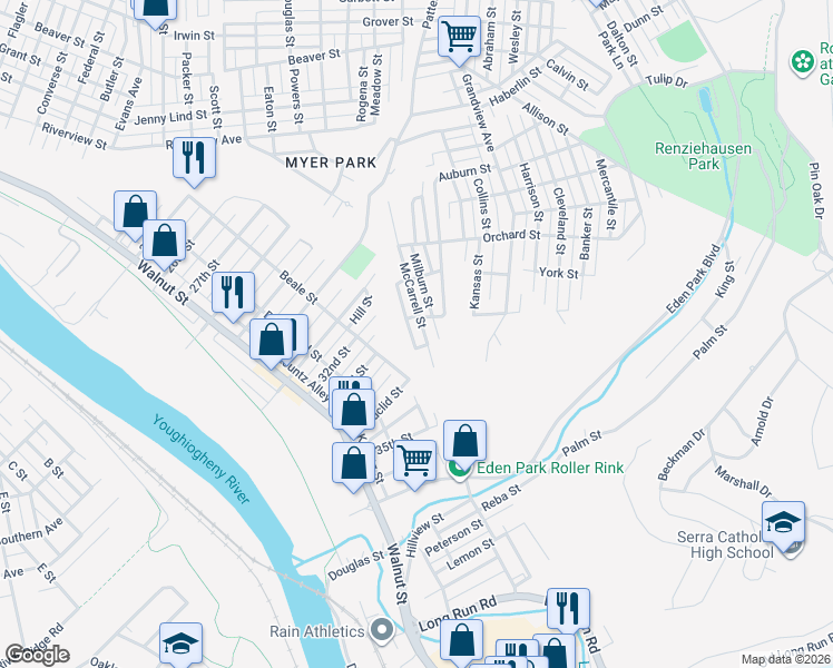 map of restaurants, bars, coffee shops, grocery stores, and more near 2810 Lafayette Street in McKeesport
