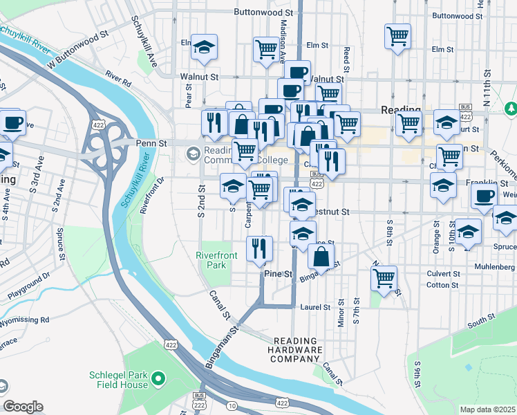 map of restaurants, bars, coffee shops, grocery stores, and more near 343 Chestnut Street in Reading