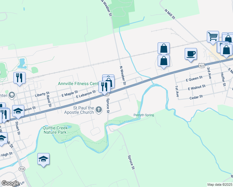 map of restaurants, bars, coffee shops, grocery stores, and more near 804 East Main Street in Annville