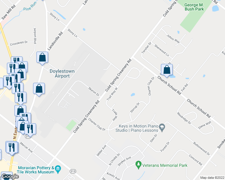 map of restaurants, bars, coffee shops, grocery stores, and more near 3957 Trails Way in Doylestown