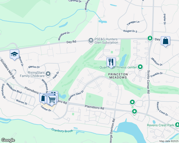map of restaurants, bars, coffee shops, grocery stores, and more near 3402 Hunters Glen Drive in Plainsboro Township