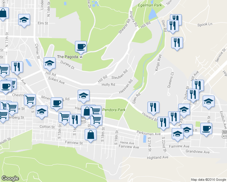map of restaurants, bars, coffee shops, grocery stores, and more near 1809 Hessian Road in Reading