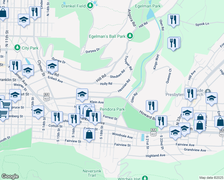 map of restaurants, bars, coffee shops, grocery stores, and more near 1809 Hessian Road in Reading
