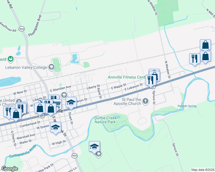 map of restaurants, bars, coffee shops, grocery stores, and more near 490 East Maple Street in Annville