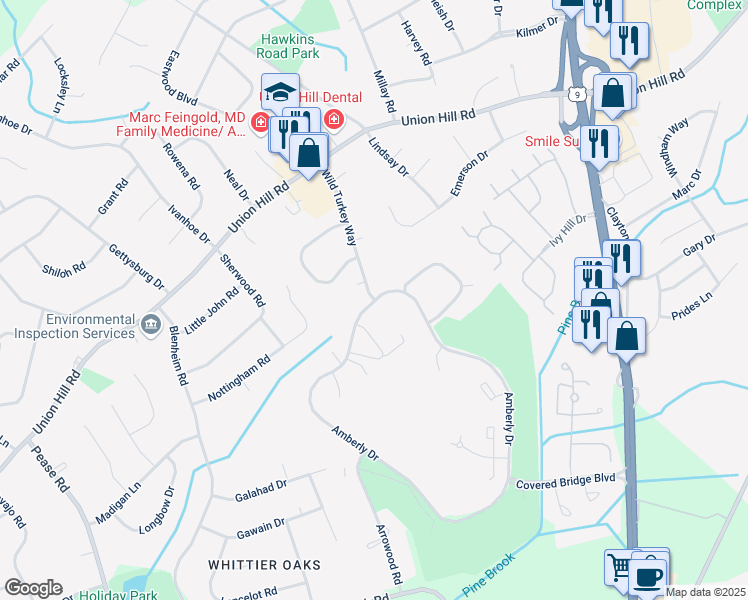 map of restaurants, bars, coffee shops, grocery stores, and more near Amberly Drive & Wild Turkey Way in Englishtown