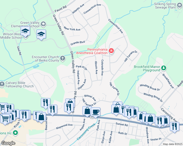 map of restaurants, bars, coffee shops, grocery stores, and more near 109 Park Place Drive in Sinking Spring