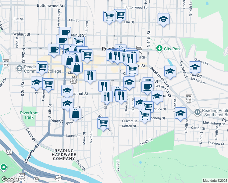 map of restaurants, bars, coffee shops, grocery stores, and more near 828 Chestnut Street in Reading