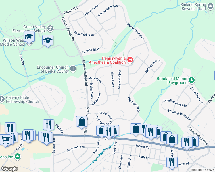 map of restaurants, bars, coffee shops, grocery stores, and more near 109 Park Place Drive in Sinking Spring
