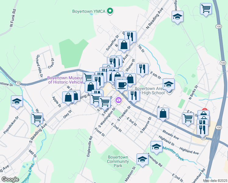 map of restaurants, bars, coffee shops, grocery stores, and more near 120R East Philadelphia Avenue in Boyertown