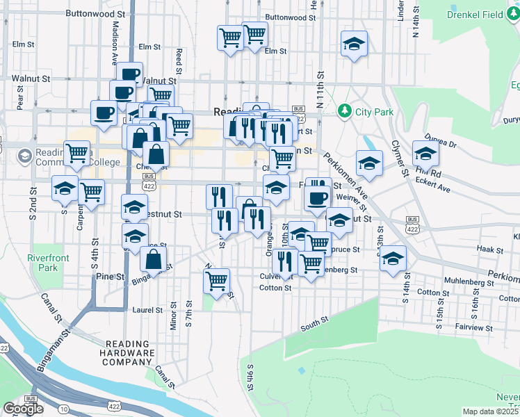 map of restaurants, bars, coffee shops, grocery stores, and more near 916 Chestnut Street in Reading