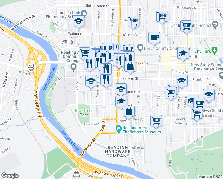 map of restaurants, bars, coffee shops, grocery stores, and more near 423 Chestnut Street in Reading
