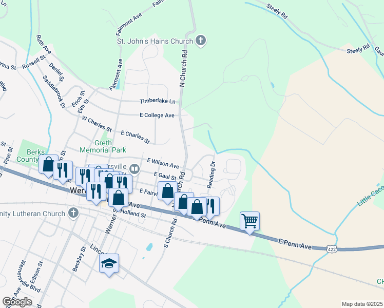 map of restaurants, bars, coffee shops, grocery stores, and more near 329 North Church Road in Wernersville