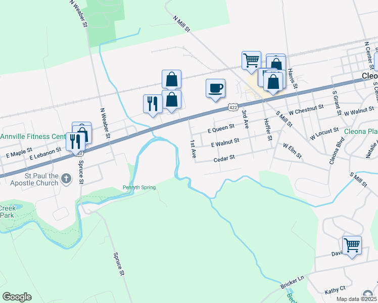 map of restaurants, bars, coffee shops, grocery stores, and more near 235 1st Avenue in Annville