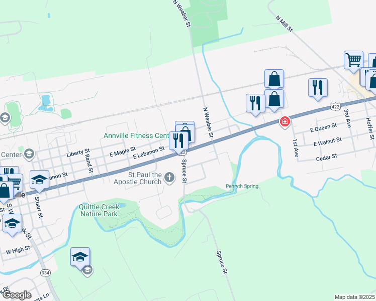 map of restaurants, bars, coffee shops, grocery stores, and more near 804 East Main Street in Annville
