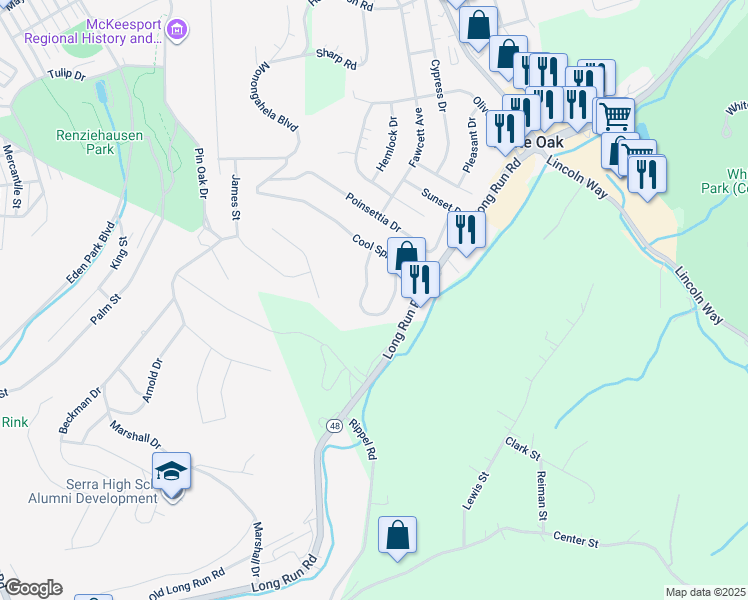 map of restaurants, bars, coffee shops, grocery stores, and more near 143 Royal Oak Drive in White Oak