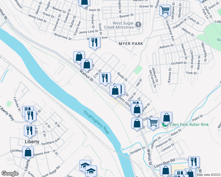 map of restaurants, bars, coffee shops, grocery stores, and more near in McKeesport