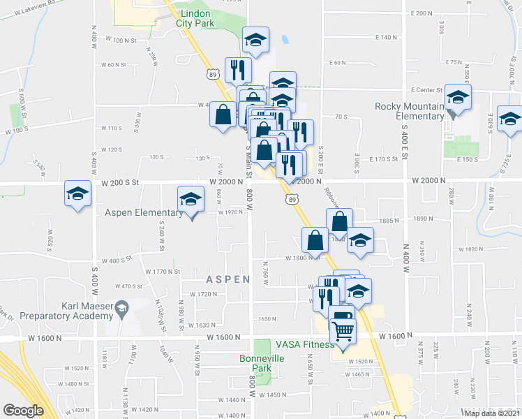 map of restaurants, bars, coffee shops, grocery stores, and more near 1916 North 800 West in Orem