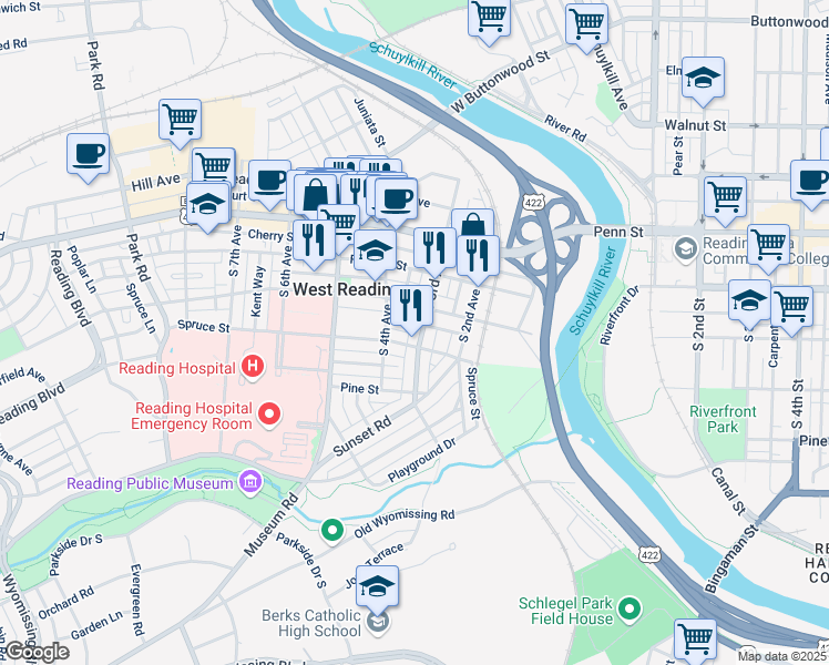 map of restaurants, bars, coffee shops, grocery stores, and more near 236 South 3rd Avenue in Reading