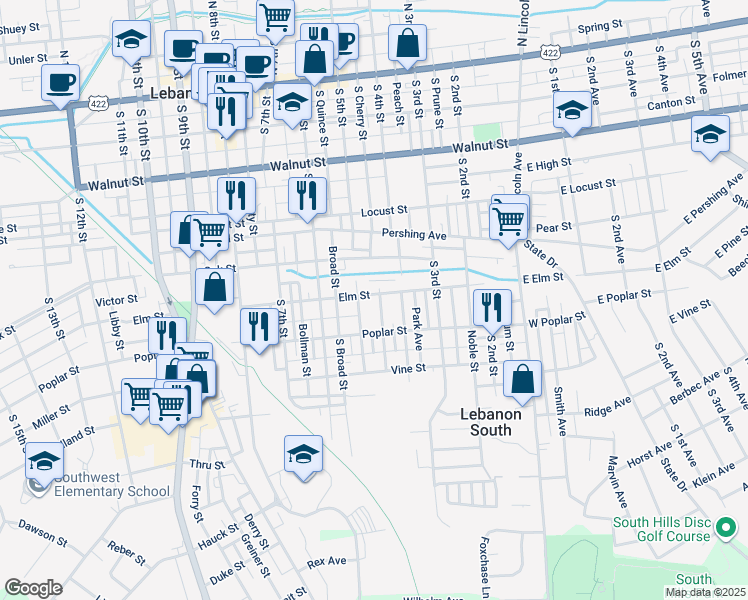 map of restaurants, bars, coffee shops, grocery stores, and more near 430 Elm Street in Lebanon