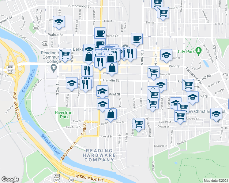 map of restaurants, bars, coffee shops, grocery stores, and more near 141 South 6th Street in Reading