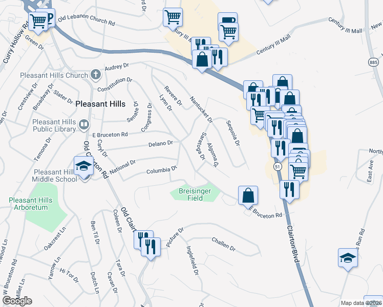 map of restaurants, bars, coffee shops, grocery stores, and more near 337 East Bruceton Road in Pittsburgh