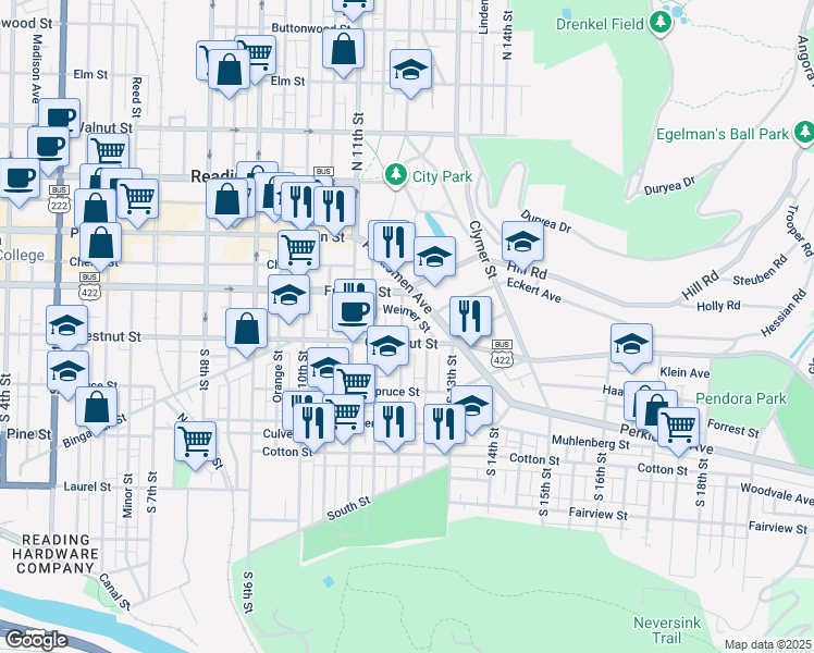 map of restaurants, bars, coffee shops, grocery stores, and more near 143 South 12th Street in Reading