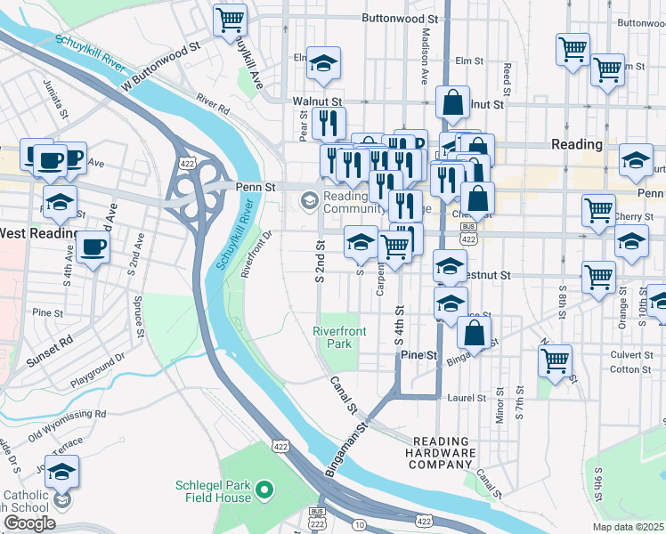 map of restaurants, bars, coffee shops, grocery stores, and more near 125 South 2nd Street in Reading