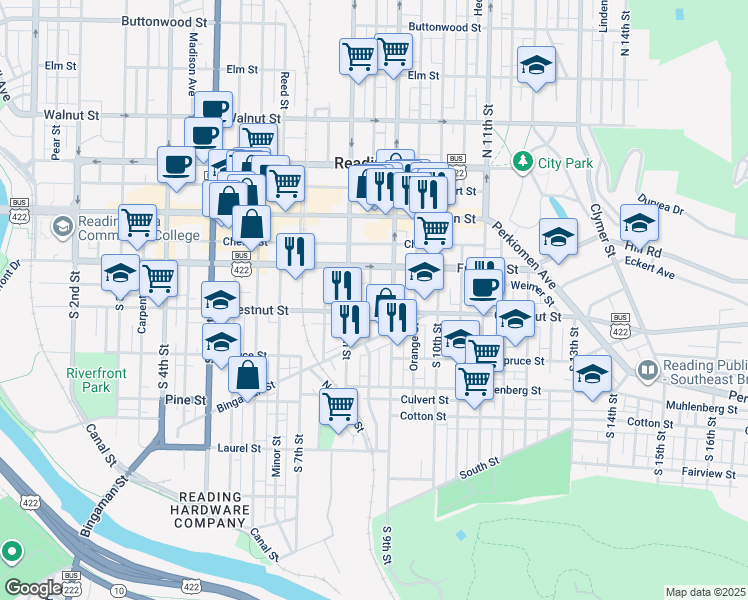 map of restaurants, bars, coffee shops, grocery stores, and more near 139 Peach St in Reading