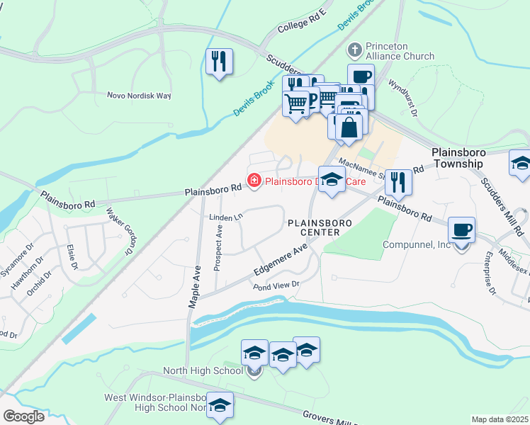 map of restaurants, bars, coffee shops, grocery stores, and more near 46 Linden Lane in Plainsboro Township