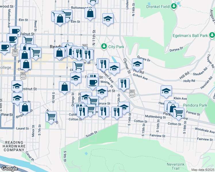 map of restaurants, bars, coffee shops, grocery stores, and more near 143 South 12th Street in Reading