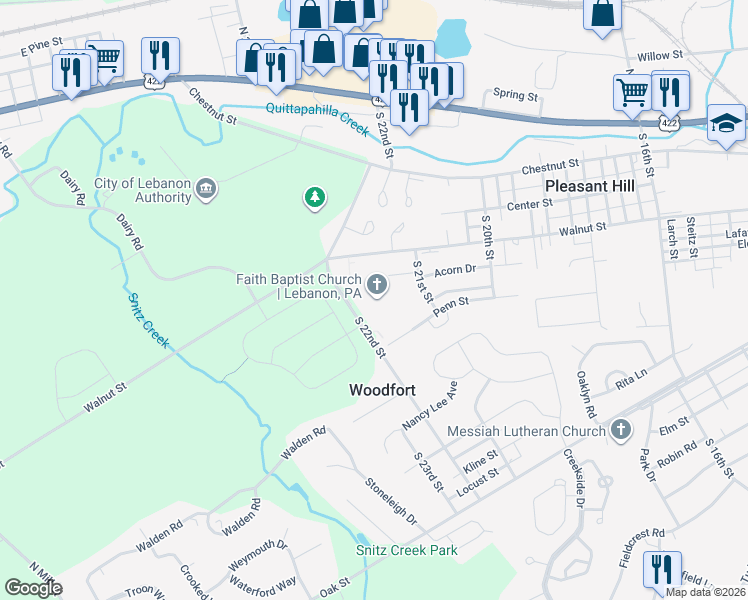 map of restaurants, bars, coffee shops, grocery stores, and more near 220 South 22nd Street in Lebanon