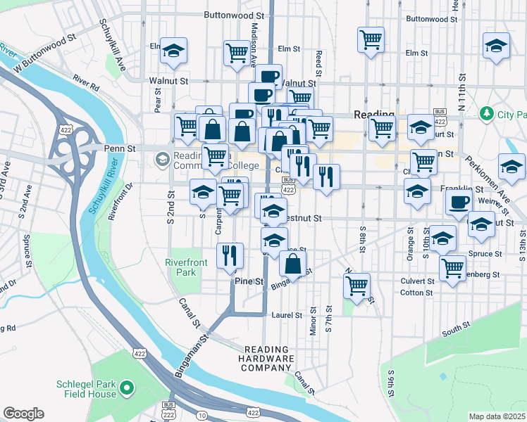 map of restaurants, bars, coffee shops, grocery stores, and more near 142 South 5th Street in Reading