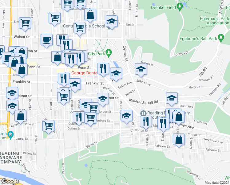 map of restaurants, bars, coffee shops, grocery stores, and more near 1229 Chestnut Street in Reading