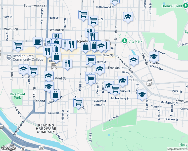 map of restaurants, bars, coffee shops, grocery stores, and more near 916 Chestnut Street in Reading