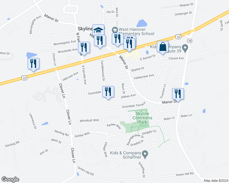 map of restaurants, bars, coffee shops, grocery stores, and more near 7726 Althea Avenue in Harrisburg