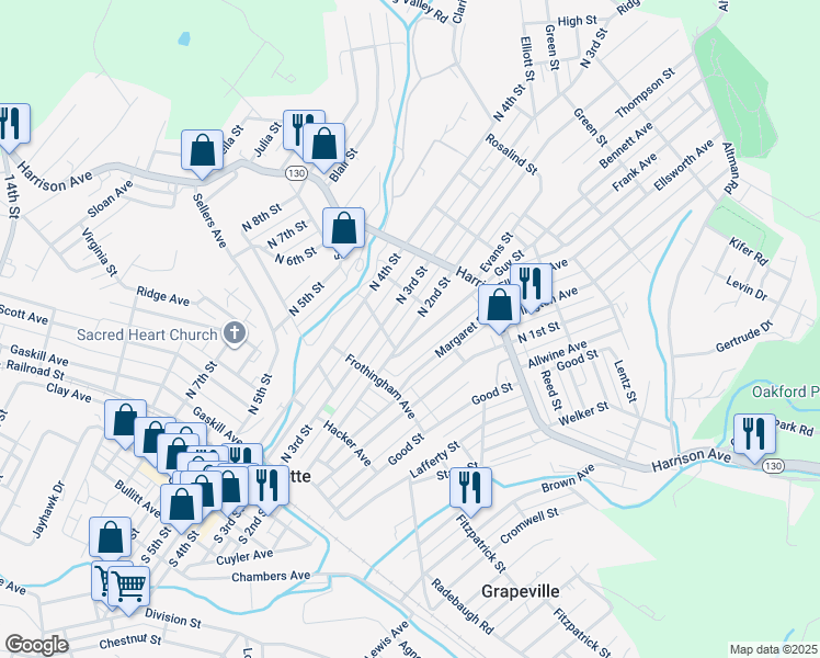map of restaurants, bars, coffee shops, grocery stores, and more near 410 Guy Street in Jeannette