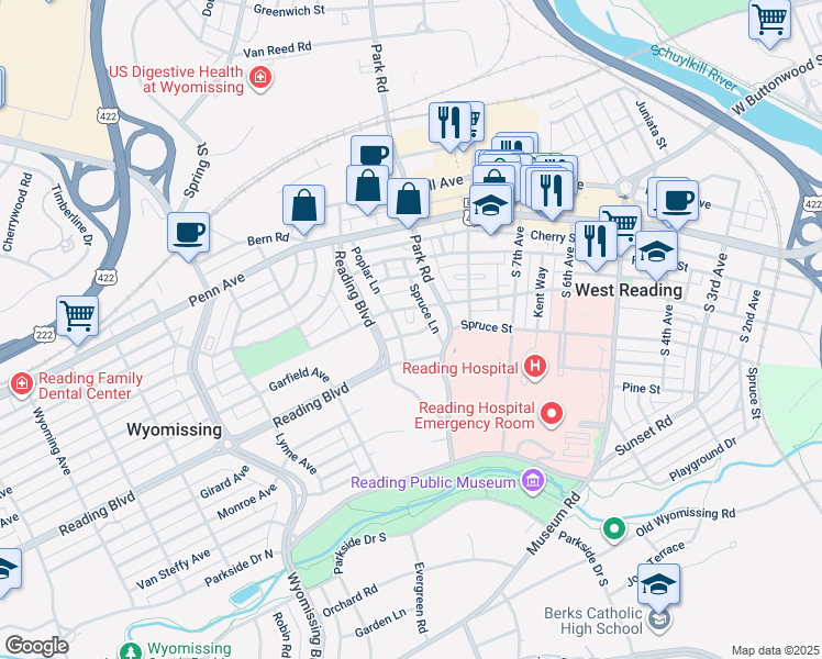 map of restaurants, bars, coffee shops, grocery stores, and more near 223 Cherry Drive in Wyomissing