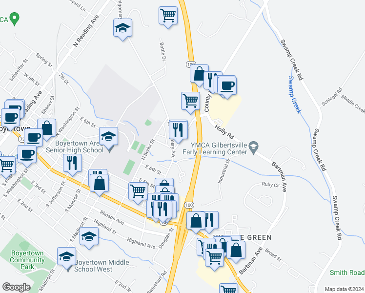 map of restaurants, bars, coffee shops, grocery stores, and more near 110 County Line Road in Boyertown
