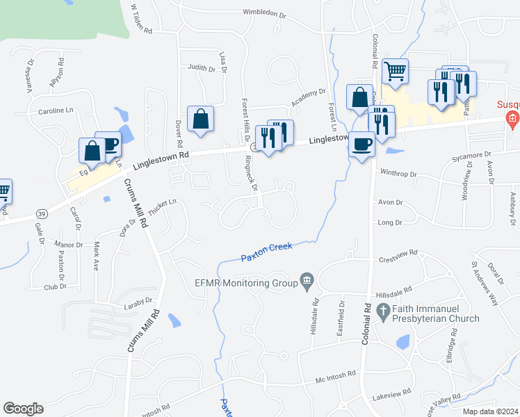 map of restaurants, bars, coffee shops, grocery stores, and more near 102 Ringneck Drive in Harrisburg