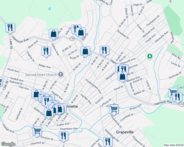 map of restaurants, bars, coffee shops, grocery stores, and more near 412 1/2 North 3rd Street in Jeannette
