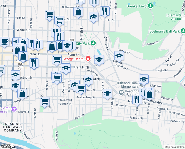 map of restaurants, bars, coffee shops, grocery stores, and more near 139 South 12th Street in Reading