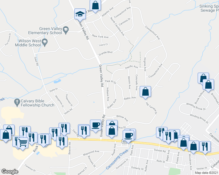 map of restaurants, bars, coffee shops, grocery stores, and more near 19 Indiana Avenue in Sinking Spring
