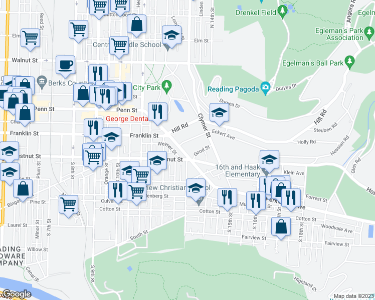 map of restaurants, bars, coffee shops, grocery stores, and more near 1255 Perkiomen Avenue in Reading