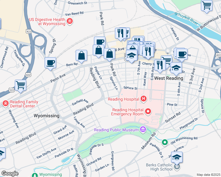map of restaurants, bars, coffee shops, grocery stores, and more near 223 Cherry Drive in Wyomissing
