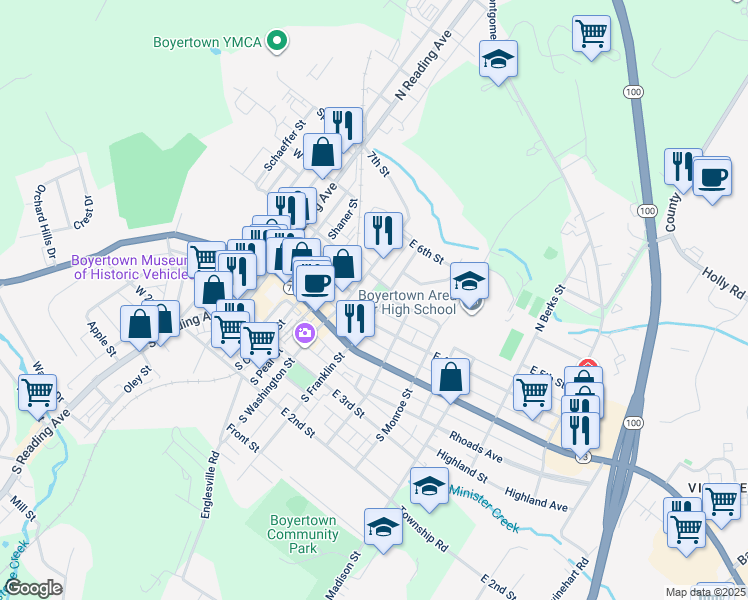 map of restaurants, bars, coffee shops, grocery stores, and more near 301 East 4th Street in Boyertown