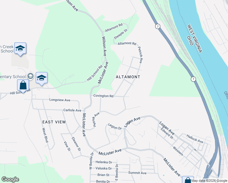 map of restaurants, bars, coffee shops, grocery stores, and more near 115 Covington Road in Mingo Junction