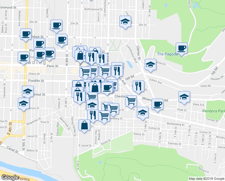 map of restaurants, bars, coffee shops, grocery stores, and more near 130 Wunder Street in Reading