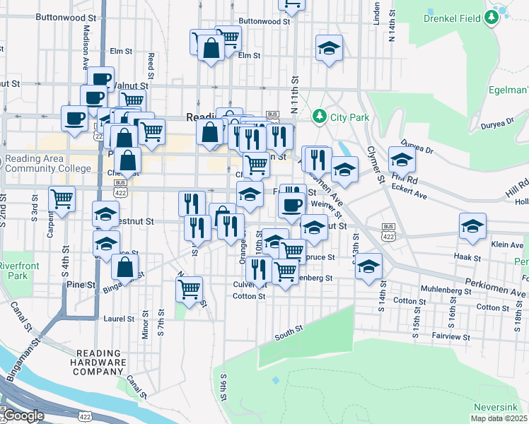 map of restaurants, bars, coffee shops, grocery stores, and more near 135 South 10th Street in Reading