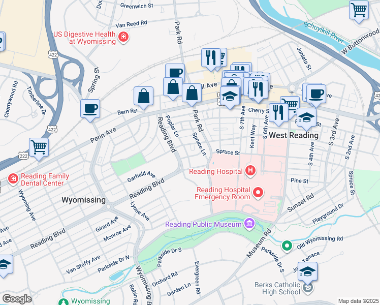 map of restaurants, bars, coffee shops, grocery stores, and more near 220 Cherry Drive in Wyomissing
